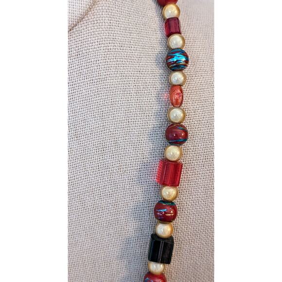 Vintage Metallic Drawbench, Square Lampwork, Art Glass 925 Clasp Bead Necklace - Picture 3 of 12